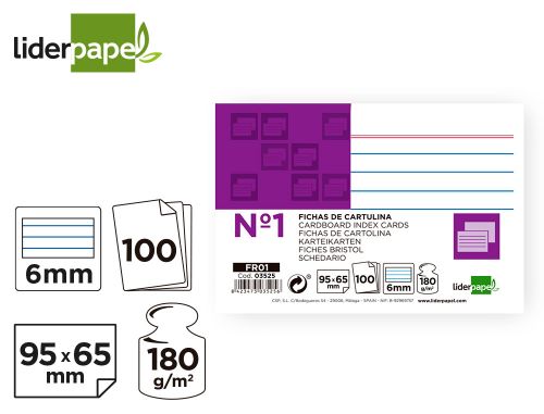 Fichas em cartolina, emb. com 100, 65x95 mm, pautado , Liderpapel , 3525 , 8423473035256